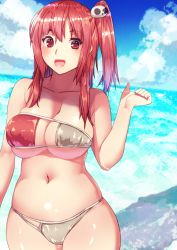 Rule 34 | 1girl, bikini, blue sky, breasts, cleavage, cloud, cowboy shot, day, dead or alive, dead or alive 5, eyepatch bikini, hair ornament, highres, honoka (doa), large breasts, long hair, looking at viewer, multi-strapped bikini bottom, multi-strapped bikini top, navel, nishisan (mikurosu), one side up, outdoors, pink hair, red eyes, shadow, skindentation, sky, solo, swimsuit