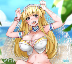 Rule 34 | 1girl, beach, bikini, blonde hair, blue sky, breasts, cargo net, cleavage, cloud, commentary request, day, detached collar, double bun, fletcher (kancolle), horizon, kantai collection, large breasts, long hair, looking at viewer, mani oniniku, net, ocean, open mouth, outdoors, purple eyes, sitting, sky, solo, swimsuit, teeth, upper body, upper teeth only, white bikini