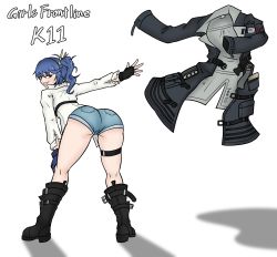 Rule 34 | 1girl, 20mm grenade, 20x30mm grenade, 20x30mm lv p k168, absurdres, ammunition, artist request, ass, bare shoulders, bent over, blue hair, boots, cannon cartridge, coat, unworn coat, denim, denim shorts, dummy round, explosive, fingerless gloves, from behind, girls&#039; frontline, gloves, grenade, grenade cartridge, grin, highres, jacket, unworn jacket, k11 (girls&#039; frontline), large-caliber cartridge, leaning, leaning forward, long hair, looking at viewer, looking back, ponytail, purple eyes, short shorts, shorts, smile, solo, subsonic ammunition, thigh strap