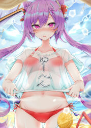 Rule 34 | 1girl, absurdres, alternate hairstyle, beach, bikini, blush, breasts, check translation, clothes pull, cone hair bun, double bun, drink, embarrassed, genshin impact, hair bun, hair ears, hair ornament, highres, keqing (genshin impact), long hair, looking at viewer, medium breasts, navel, nose blush, ocean, open mouth, pulling own clothes, purple eyes, purple hair, red bikini, see-through, see-through shirt, shirt, shirt pull, solo, standing, swimsuit, thigh gap, thighs, tobikaze89, translation request, twintails, wavy mouth, wet, white shirt
