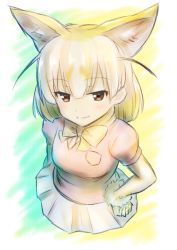 Rule 34 | 10s, 1girl, animal ears, bad id, bad pixiv id, biibii, blonde hair, blush, bow, bowtie, breast pocket, breasts, brown hair, fennec (kemono friends), fox ears, gloves, gradient background, gradient hair, half-closed eyes, hand on own hip, highres, kemono friends, looking at viewer, multicolored hair, pleated skirt, pocket, puffy short sleeves, puffy sleeves, short sleeves, simple background, skirt, smile, solo, two-tone hair, white background