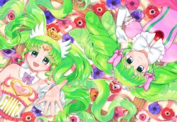 Rule 34 | 2girls, :d, bare shoulders, bow, colored eyelashes, commentary request, crown, detached collar, detached sleeves, dress, dual persona, elbow gloves, falulu, falulu (awakened), floral background, flower, forehead jewel, from above, gloves, green hair, grey eyes, headphones, idol clothes, jinno (jin c kkry), long hair, looking at viewer, lying, multiple girls, on back, open mouth, parted bangs, picture frame, pink bow, pink dress, pink flower, poppy (flower), power symbol, pretty series, pripara, purple flower, reaching, reaching towards viewer, red flower, rotational symmetry, sidelocks, smile, tiara, twintails, upside-down, very long hair, white gloves, wing hair ornament