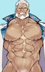 Rule 34 | 1boy, abs, aegir (housamo), bara, beard, blue eyes, dark-skinned male, dark skin, earrings, facial hair, glasses, highres, jacket, jewelry, large pectorals, looking at viewer, male focus, manly, muscular, naked jacket, navel, nipples, one eye closed, open clothes, open shirt, pectorals, pubic hair, rybiok, simple background, smile, solo, tokyo houkago summoners