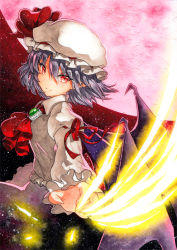 Rule 34 | 1girl, ascot, bad id, bad pixiv id, bat wings, black wings, bow, brooch, closed mouth, commentary request, from side, green brooch, grey hair, hair between eyes, hat, hat bow, jewelry, juliet sleeves, long sleeves, looking at viewer, mob cap, moon, pointy ears, puffy sleeves, qqqrinkappp, red bow, red eyes, red moon, remilia scarlet, short hair, slit pupils, solo, touhou, traditional media, upper body, white hat, wings