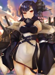 Rule 34 | 1girl, azur lane, bad id, bad pixiv id, bare shoulders, black hair, blush, breasts, cloud, cloudy sky, commentary request, covered erect nipples, evening, highres, long hair, looking at viewer, medium breasts, mole, mole under eye, navel, red eyes, rigging, sideboob, skin tight, sky, sleeves past wrists, solo, strap, uishiro (scvu7324), west virginia (azur lane), wide sleeves