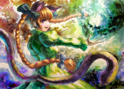 Rule 34 | 1girl, animal ears, bad id, bad pixiv id, black bow, blush, bow, braid, breasts, cat ears, cat tail, dress, from behind, gibagiba, gradient background, green dress, hair bow, kaenbyou rin, long hair, long sleeves, looking at viewer, multiple tails, open mouth, outstretched arm, puffy long sleeves, puffy sleeves, red hair, skull, smoke, solo, tail, touhou, twin braids