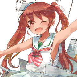 Rule 34 | 1girl, blush, brown eyes, brown hair, collarbone, dress, fang, itomugi-kun, kantai collection, libeccio (kancolle), long hair, machinery, neckerchief, one eye closed, open mouth, outstretched arms, rigging, sailor collar, sailor dress, simple background, skin fang, sleeveless, sleeveless dress, smile, solo, spread arms, twintails, upper body, white background, white dress, white sailor collar