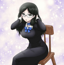 Rule 34 | 1girl, artist request, black eyes, black hair, breasts, chair, collar, glasses, hands on own head, crossed legs, long hair, maid, overlord (maruyama), ribbon, sitting, solo, sparkle, yuri alpha