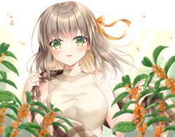 Rule 34 | 1girl, :d, bare arms, bare shoulders, blurry, blurry foreground, blush, bow, breasts, brown hair, brown sweater, commentary request, depth of field, flower, green eyes, hair bow, hands up, highres, holding, kohinata hoshimi, long hair, looking at viewer, medium breasts, open mouth, orange bow, orange flower, original, osmanthus, plaid, shawl, sleeveless, sleeveless sweater, smile, solo, sweater, upper body