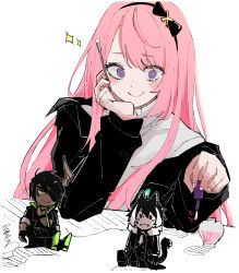 Rule 34 | 0 0, 3boys, :|, absurdres, animal ears, aragami oga, arm support, arms at sides, black coat, black footwear, black hair, black hairband, black jacket, blush, bow hairband, closed mouth, coat, commentary request, cosmetics, dark skin, eyepatch, fangs, fangs out, fur-trimmed coat, fur trim, green eyes, green neckwear, hairband, head rest, highres, holding, holostars, horns, jackal boy, jackal ears, jackal tail, jacket, kageyama shien, long sleeves, male focus, multicolored hair, multiple boys, nail polish, nail polish bottle, necktie, noranekogahara, off shoulder, pink hair, pink nails, pink theme, purple eyes, ringed eyes, short hair, sidelocks, simple background, single horn, sitting, smile, solo focus, sparkle, sweater, swept bangs, translation request, trinero, tsukishita kaoru, turtleneck, turtleneck sweater, two-tone hair, virtual youtuber, white background, white hair, white neckwear, white sweater