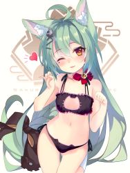 Rule 34 | 1girl, ahoge, akashi (azur lane), animal ears, azur lane, bell, blush, bow, bra, breasts, cat cutout, cat ear panties, cat ears, cat lingerie, choker, cleavage cutout, clothing cutout, cowboy shot, frilled bra, frills, green hair, hair between eyes, hair bow, head tilt, jingle bell, lingerie, long hair, looking at viewer, meme attire, navel, neck bell, one eye closed, open mouth, panties, paw pose, shirokitsune, side-tie panties, small breasts, smile, solo, underwear, underwear only, very long hair, yellow eyes