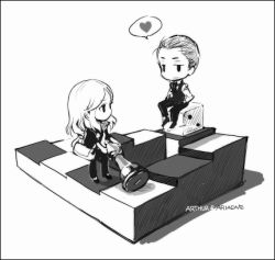 Rule 34 | 1boy, 1girl, ariadne, arthur (inception), board game, character name, chess, chess piece, chibi, couple, dice, greyscale, heart, hetero, inception, lowres, milktea, monochrome, penrose stairs, spoken heart, stairs