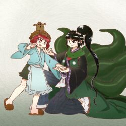 Rule 34 | 2others, adagumo no yaorochi, androgynous, apron, black eyes, black hair, black kimono, blue kimono, blue pants, brown footwear, brown headwear, chikafumikou, closed mouth, coat, commentary, detached sleeves, fingernails, frilled apron, frills, gradient background, green background, green coat, green scarf, green skirt, hakama, hakama short skirt, hakama skirt, hand on another&#039;s chin, haniwa (statue), helmet, holding hands, japanese clothes, katano sukune, kimono, len&#039;en, long hair, long sleeves, looking at another, multiple others, multiple tails, neckerchief, object on head, on one knee, open mouth, pants, pom pom (clothes), purple trim, red eyes, red hair, red neckerchief, sandals, scarf, short hair, side ponytail, skirt, sleeveless, sleeveless coat, slippers, smile, snake tail, socks, tail, v-shaped eyes, very long hair, waist apron, white apron, white socks, wide sleeves
