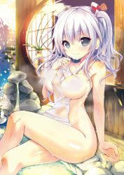 Rule 34 | 10s, 1girl, arm at side, bathroom, between breasts, blue eyes, breasts, convenient censoring, covering privates, crossed legs, highres, indoors, kantai collection, kashima (kancolle), large breasts, looking at viewer, naked towel, nude cover, open window, shiny skin, silver hair, sitting, smile, solo, steam, steam censor, sumisuzu, thighs, towel, twintails, wavy hair, wet, wet clothes, window, wooden wall