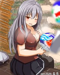 Rule 34 | 10s, 1girl, bad id, bad twitter id, black pantyhose, blurry, blush, breasts, cleavage, depth of field, fanning self, gangut (kancolle), grass, grey hair, hand fan, hat, unworn headwear, highres, kantai collection, kuroame (kurinohana), large breasts, long hair, looking at viewer, miniskirt, one eye closed, pantyhose, peaked cap, pleated skirt, porch, red eyes, sitting, skirt, solo, sweat
