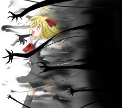 Rule 34 | 1girl, :d, black socks, blonde hair, darkness, embodiment of scarlet devil, female focus, haiiro (immature), hair ribbon, happy, kneehighs, long sleeves, necktie, open mouth, outstretched arms, red eyes, ribbon, rumia, running, short hair, skirt, smile, socks, solo, spread arms, touhou