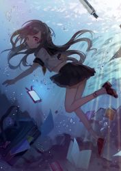 Rule 34 | 1girl, air bubble, bad id, bad pixiv id, black hair, bubble, chocoan, commentary request, from behind, long hair, looking at viewer, looking back, neckerchief, open mouth, original, pleated skirt, red eyes, school uniform, serafuku, skirt, solo, submerged, underwater, water