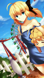 Rule 34 | 2girls, absurdres, ahoge, alternate costume, amusement park, artoria pendragon (all), artoria pendragon (fate), bare shoulders, blonde hair, blue eyes, bow, bush, cloud, collarbone, dutch angle, closed eyes, fate/unlimited codes, fate (series), fence, ferris wheel, highres, md5 mismatch, mountain, multiple girls, paperfinger, pavement, ponytail, saber (fate), saber lily, saber lion, sky, smile, strap slip