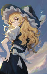 Rule 34 | 1girl, black hat, black skirt, black vest, blonde hair, bow, braid, brown eyes, closed mouth, from behind, from below, hands on own hips, hat, hat bow, highres, kirisame marisa, long hair, looking at viewer, looking back, outdoors, shirt, short sleeves, skirt, solo, standing, sui yamami, touhou, vest, white bow, white shirt, witch hat