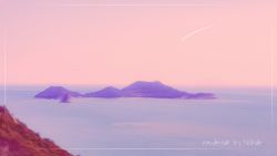 Rule 34 | artist name, commentary request, english text, highres, island, korean commentary, mixed-language commentary, mountain, nature, no humans, nohide, ocean, original, scenery, shooting star, sky