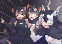 Rule 34 | &gt; &lt;, 3girls, :d, ^ ^, animal ears, antelope ears, antelope horns, apron, australian devil (kemono friends), bad id, bad pixiv id, bare shoulders, batten japari dan, black hair, blackbuck (kemono friends), blurry, bow, bowtie, brown hair, cape, clenched hands, closed eyes, closed mouth, couch, detached sleeves, emphasis lines, extra ears, eyepatch, fangs, furrowed brow, gaijin 4koma (meme), grey hair, hair over one eye, hand on another&#039;s shoulder, hands up, highres, horns, isobee, kemono friends, long hair, medical eyepatch, medium hair, meme, multicolored hair, multiple girls, open mouth, own hands together, pointing, shirt, sitting, skirt, smile, swept bangs, tail, tasmanian devil (kemono friends), tasmanian devil ears, tasmanian devil tail, teeth, thighhighs, two-tone hair, upper teeth only, v-shaped eyebrows, waist apron, white hair, xd, zettai ryouiki, |d