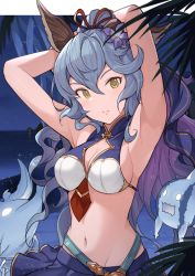 Rule 34 | 1girl, animal ears, armpits, arms behind head, arms up, bare shoulders, beppo (granblue fantasy), bikini, blue hair, blue skirt, breasts, cleavage, closed mouth, erune, expressionless, ferry (granblue fantasy), ferry (summer) (granblue fantasy), gold trim, granblue fantasy, hinami (hinatamizu), long hair, looking at viewer, medium breasts, miniskirt, navel, nicola (granblue fantasy), ponytail, skirt, solo, stomach, swimsuit, two-tone bikini, upper body, yellow eyes