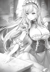 Rule 34 | 1girl, azur lane, belfast (azur lane), blush, braid, breasts, cleavage, closed mouth, collarbone, elbow gloves, gloves, greyscale, highres, indoors, large breasts, long hair, looking away, monochrome, novel illustration, official art, raiou, smile, solo, very long hair, window