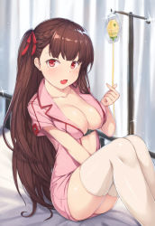 Rule 34 | 1girl, :o, absurdres, alternate costume, blunt bangs, braid, breasts, brown hair, center opening, cleavage, collarbone, curtains, dress, feet out of frame, french braid, girls&#039; frontline, glint, hair ribbon, hallohi, hand up, highres, indoors, intravenous drip, knees together feet apart, knees up, large breasts, long hair, looking at viewer, nurse, on bed, one side up, open mouth, pink dress, red eyes, red ribbon, ribbon, shiny clothes, shiny legwear, shiny skin, short dress, short sleeves, sitting, solo, straight hair, underbust, very long hair, wa2000 (girls&#039; frontline), white hair, white legwear