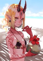 Rule 34 | 1girl, alternate hair length, alternate hairstyle, bare shoulders, beach, bikini, black bikini, blonde hair, blue sky, breasts, cleavage, coconut, day, drinking straw, earrings, fate/grand order, fate (series), fingernails, flower, fruit cup, hamitamako, horns, ibaraki douji (fate), ibaraki douji (fate/grand order), ibaraki douji (swimsuit lancer) (fate), ibaraki douji (swimsuit lancer) (first ascension) (fate), jewelry, looking at viewer, oni, outdoors, pointy ears, sharp fingernails, short hair, silhouette, sky, small breasts, smile, solo, swimsuit, tattoo