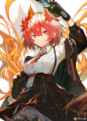 Rule 34 | 1girl, absurdres, animal ears, arknights, bird ears, black gloves, black jacket, black skirt, breasts, clay (clayjun), collared shirt, cowboy shot, fiammetta (arknights), fire, gloves, gun, hair between eyes, highres, holding, holding gun, holding weapon, id card, jacket, looking at viewer, medium breasts, necktie, off shoulder, open clothes, open jacket, originium arts (arknights), red eyes, red hair, red necktie, shirt, short hair, skirt, solo, weapon, white shirt
