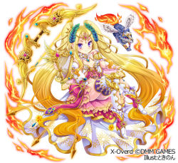 Rule 34 | 1girl, apollon, blonde hair, blue eyes, bow (weapon), copyright name, dog, dress, fire, hair ornament, hand up, harp, instrument, invisible chair, jewelry, long hair, necklace, official art, pink dress, resolution mismatch, sitting, smile, source larger, tiara, tokinon, very long hair, weapon, white footwear, white legwear, x-overd
