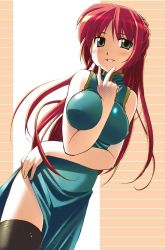 Rule 34 | 00s, 1girl, arm between breasts, bakutendou, between breasts, black thighhighs, blush, braid, breasts, brown eyes, china dress, chinese clothes, dress, kousaka tamaki, large breasts, long hair, red hair, solo, thighhighs, to heart (series), to heart 2