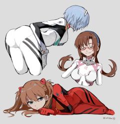 Rule 34 | 3girls, ass, ayanami rei, blue eyes, bodysuit, breasts, brown hair, closed eyes, dango (uni 520), evangelion: 3.0+1.0 thrice upon a time, expressionless, eyepatch, glasses, green eyes, hair ornament, hairband, highres, interface headset, long hair, looking at viewer, low twintails, lying, makinami mari illustrious, multicolored bodysuit, multicolored clothes, multiple girls, neon genesis evangelion, plugsuit, rebuild of evangelion, red bodysuit, smile, souryuu asuka langley, twintails, two side up, wide hips