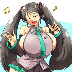 Rule 34 | 1girl, bare shoulders, black hair, breasts, bursting breasts, closed eyes, cosplay, cow girl, cow horns, detached sleeves, female focus, halterneck, hataraki ari, hatsune miku, hatsune miku (cosplay), horns, huge breasts, long hair, microphone, miniskirt, music, musical note, necktie, open mouth, original, shiny skin, simple background, singing, skirt, solo, standing, sukimi, twintails, vocaloid