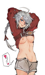 Rule 34 | 1girl, ahoge, alisaie leveilleur, arms up, blue eyes, blush, braid, breasts, clothes lift, denny626, elezen, elf, final fantasy, final fantasy xiv, grey shorts, heart, highres, long hair, looking at viewer, medium breasts, navel, nipples, no bra, pointy ears, shirt lift, shorts, smile, solo