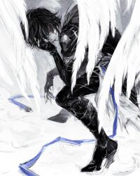 Rule 34 | 1boy, armor, artbook, artist request, belt, bishounen, black hair, blue belt, boots, cape, commentary, feathered wings, feathers, fingerless gloves, full body, gloves, granblue fantasy, greyscale, hand in own hair, hand on own face, high heel boots, high heels, highres, hood, hood down, limited palette, looking to the side, messy hair, monochrome, official art, red eyes, sandalphon (granblue fantasy), short hair, sitting, sketch, solo focus, spot color, turtleneck, white background, white wings, wings