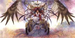 Rule 34 | 1girl, amazio komeko, ambience, binary, black hair, breasts, cable, chariot, cleavage, dress, full body, full moon, halo, highres, long hair, mechanical arms, moon, non-web source, sitting, solo, throne, very long hair, wings, wire
