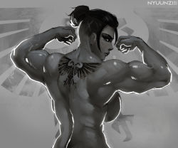 Rule 34 | 1girl, aquila (symbol), astra militarum, biceps, breasts, greyscale, highres, large breasts, looking at viewer, monochrome, muscular, muscular female, nyuunzi, scar, short hair, solo, topknot, topless, undercut, warhammer 40k