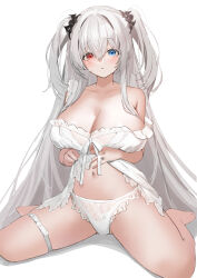 Rule 34 | 1girl, absurdres, azur lane, babydoll, bare shoulders, barefoot, bat hair ornament, blue eyes, blush, breasts, cleavage, clothes lift, collarbone, commentary request, elbing (azur lane), elbing (sleepless night&#039;s wishes) (azur lane), feet, frills, hair between eyes, hair ornament, heterochromia, highres, large breasts, lifting own clothes, lingerie, long hair, looking at viewer, marumai, navel, nightgown, official alternate costume, panties, parted lips, red eyes, ribbon, sidelocks, simple background, sitting, solo, stomach, strap slip, thigh strap, two side up, underwear, very long hair, wariza, white babydoll, white background, white hair, white panties, white ribbon
