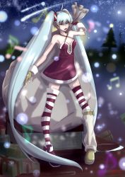 Rule 34 | 10s, 1girl, 2012, absurdres, ahoge, aqua eyes, aqua hair, artist name, blue eyes, boots, christmas, deathklovc, dress, falling star, female focus, fingerless gloves, gift, gloves, hair ornament, hatsune miku, highres, leg warmers, long hair, looking at viewer, music, night, open mouth, pigeon-toed, sack, short dress, sky, solo, star (symbol), striped clothes, striped thighhighs, thighhighs, tree, twintails, very long hair, vocaloid, zettai ryouiki