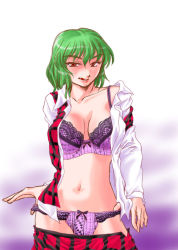 Rule 34 | 1girl, bad anatomy, bra, breasts, breasts apart, clothes pull, female focus, green hair, kazami yuuka, kisaragi ryou (sougetsu-tei), lace, lace-trimmed bra, lace-trimmed panties, lace trim, large breasts, licking lips, lingerie, naughty face, open clothes, open shirt, panties, plaid, plaid skirt, plaid vest, purple bra, purple panties, red eyes, shirt, short hair, skirt, skirt pull, skirt set, solo, tongue, tongue out, touhou, underwear, undressing, vest