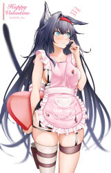 Rule 34 | 1girl, animal ears, apron, arknights, bare arms, bare shoulders, black hair, blaze (arknights), blue eyes, blush, box, breasts, cat ears, cat tail, commentary request, cowboy shot, frilled apron, frills, hairband, heart-shaped box, highres, holding, holding box, long hair, medium breasts, pink apron, red hairband, simple background, single thighhigh, solo, standing, tail, thigh strap, thighhighs, thighs, very long hair, white background, white thighhighs, yokaze (yokajie)
