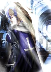 Rule 34 | 1girl, armor, armored dress, blue dress, braid, brown hair, church, cross, dress, closed eyes, fate/apocrypha, fate (series), from side, gauntlets, highres, indoors, jeanne d&#039;arc (fate), jeanne d&#039;arc (ruler) (fate), long hair, own hands clasped, own hands together, sheath, sheathed, single braid, solo, standing, sword, upper body, very long hair, weapon