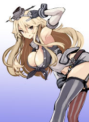 Rule 34 | 10s, 1girl, armpits, bent over, blonde hair, blush, breasts, cleavage, elbow gloves, eyelashes, garter straps, gloves, gradient background, grey eyes, hat, iowa (kancolle), iwasaki takashi, kantai collection, large breasts, long hair, looking at viewer, miniskirt, revision, skirt, smile, solo, striped clothes, striped thighhighs, thighhighs, tongue, tsurime, v
