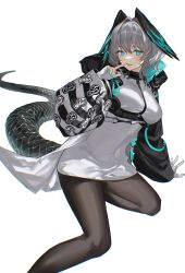 Rule 34 | 1girl, 2naom8q6gt87292, absurdres, aqua eyes, aqua nails, arknights, black coat, black pantyhose, breasts, chest harness, coat, commentary, dress, fingerless gloves, foot out of frame, gloves, grey hair, hair between eyes, hair intakes, harness, head wings, highres, ho&#039;olheyak (arknights), large breasts, long sleeves, looking at viewer, multicolored coat, nail polish, open clothes, open coat, open mouth, pantyhose, short dress, short hair, simple background, smile, snake tail, solo, tail, two-tone coat, white background, white coat, white dress, white gloves, wings