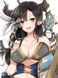 Rule 34 | 1girl, :d, augusta (granblue fantasy), bad id, bad twitter id, bare shoulders, black hair, breasts, butterfly hair ornament, cleavage, collarbone, draph, dress, feather hair ornament, feathers, granblue fantasy, hair ornament, highres, horn ornament, horns, large breasts, long hair, open mouth, pointy ears, simple background, smile, solo, upper body, white background, yellow eyes, yuzuru (xxelysionxx)