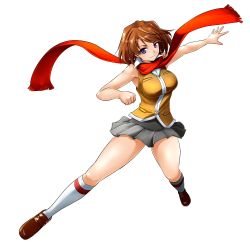 Rule 34 | 00s, 1girl, breasts, brown hair, full body, k2isu, loafers, medium breasts, my-hime, orange shirt, outstretched arm, pleated skirt, purple eyes, red scarf, scarf, school uniform, shirt, shoes, short hair, simple background, skirt, sleeveless, sleeveless shirt, smile, socks, solo, thighs, tokiha mai