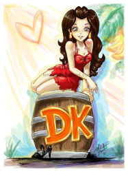 Rule 34 | 1girl, bare shoulders, barrel, breasts, brown hair, cleavage, donkey kong (1981 game), donkey kong (series), donkey kong country, earrings, eyeshadow, grin, heart, high heels, jewelry, lipstick, long hair, looking at viewer, makeup, mario (series), medium breasts, nintendo, pauline (mario), red skirt, sitting, skirt, small breasts, smile, solo, spoken heart, torn clothes
