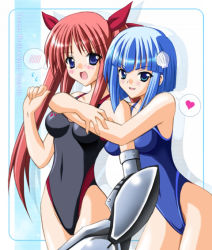 Rule 34 | ///, 2girls, armor, bare shoulders, blue eyes, blue hair, blush, breasts, character name, competition swimsuit, gauntlets, hair ornament, hair ribbon, heart, hug, hug from behind, implied yuri, long hair, mechanical arms, medium breasts, multiple girls, non-web source, one-piece swimsuit, open mouth, red hair, ribbon, rosenkreuzstilette, short hair, single mechanical arm, speech bubble, spoken blush, spoken heart, surprised, sweatdrop, swimsuit, trauare wrede, twintails, womi, zorne sepperin