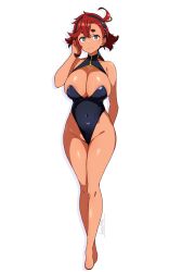 1girl ahoge alternate_breast_size bad_anatomy batta_16-sei black_hairband black_leotard blue_eyes commentary_request dark-skinned_female dark_skin full_body gundam gundam_suisei_no_majo hairband highres leotard looking_at_viewer red_hair signature simple_background solo standing suletta_mercury thick_eyebrows thighs white_background